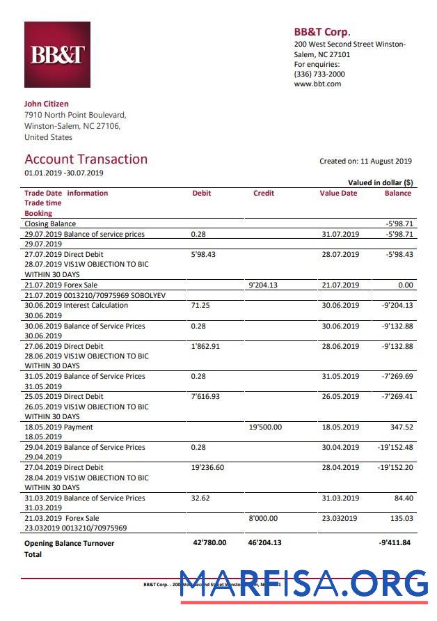 Blank USA BB&T Corp bank statement word example